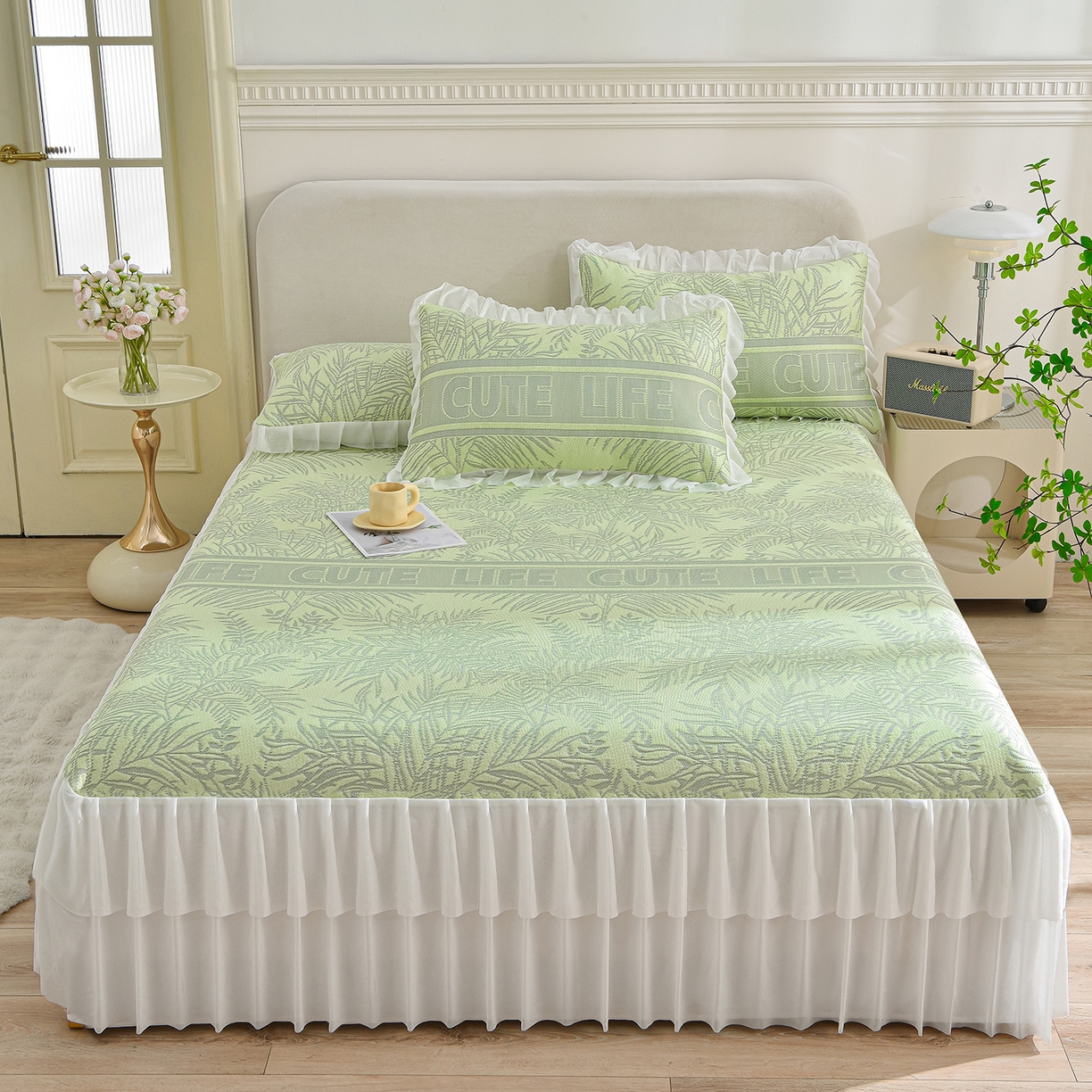 赛丽雅 2026春夏新款400克A类提花冰豆豆凉感床裙款凉席三件套席子空调软席 热带雨林-绿