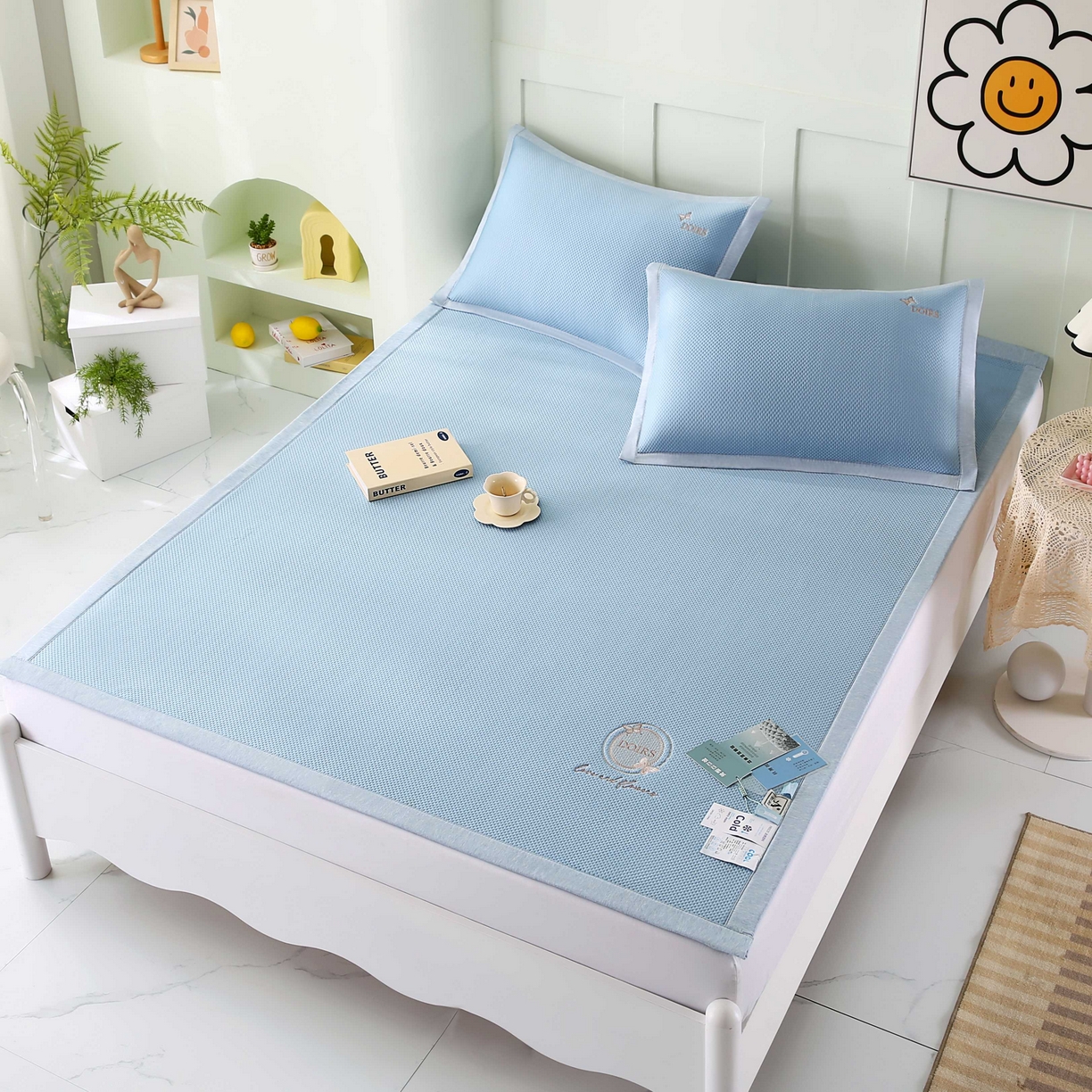 91家纺网 家纺一手货源 找家纺 席匠 2026新款豆豆直角绣花玫瑰款-高分子软席系列 蓝色