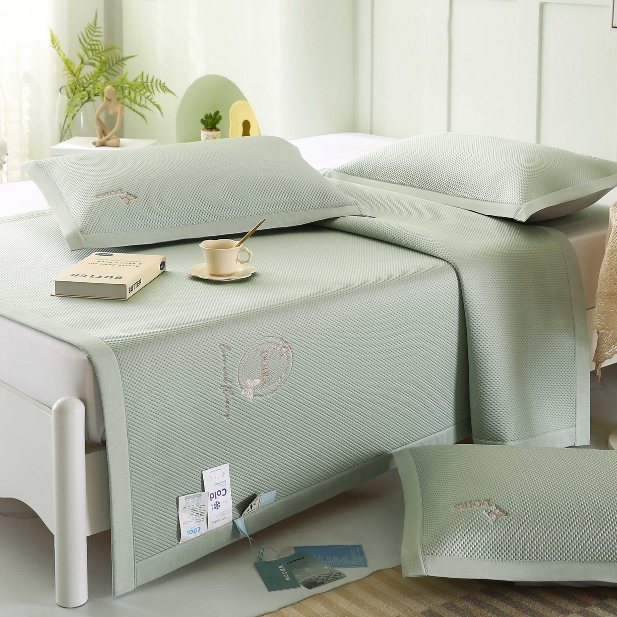 91家纺网 家纺一手货源 找家纺 席匠 2026新款豆豆直角绣花玫瑰款-高分子软席系列 绿色