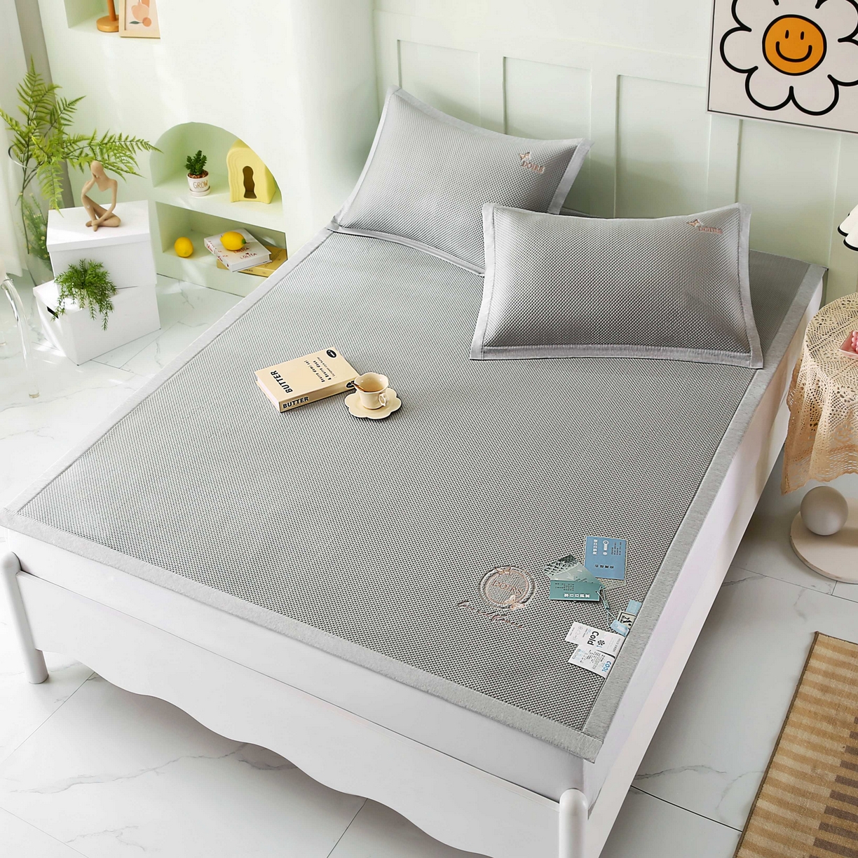 91家纺网 家纺一手货源 找家纺 席匠 2026新款豆豆直角绣花玫瑰款-高分子软席系列 灰色