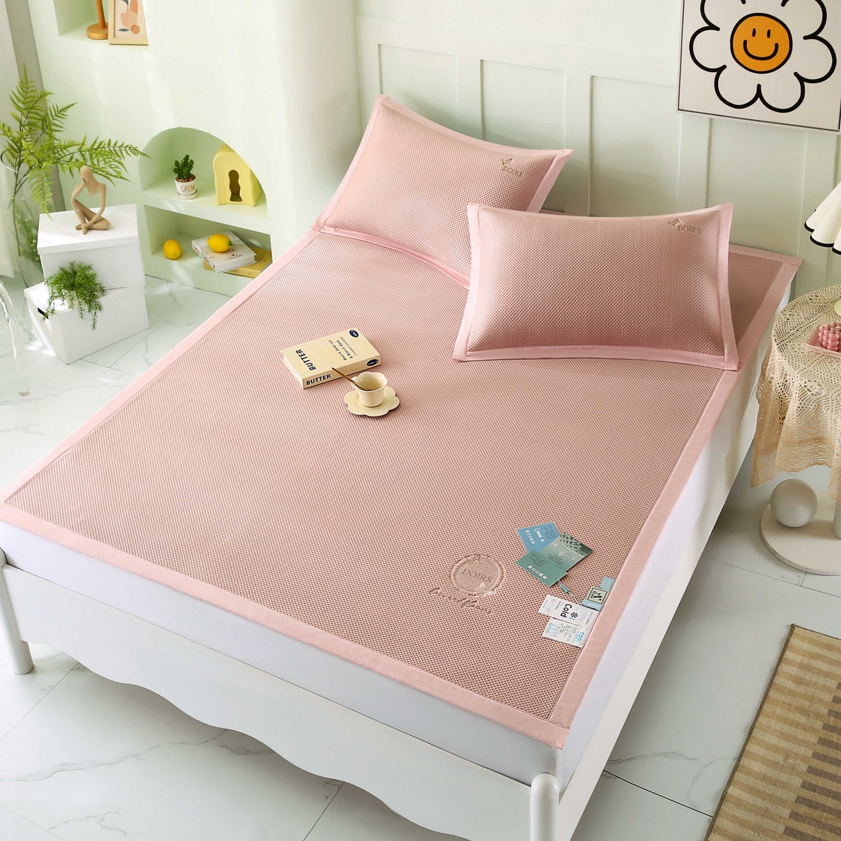 91家纺网 家纺一手货源 找家纺 席匠 2026新款豆豆直角绣花玫瑰款-高分子软席系列 粉色