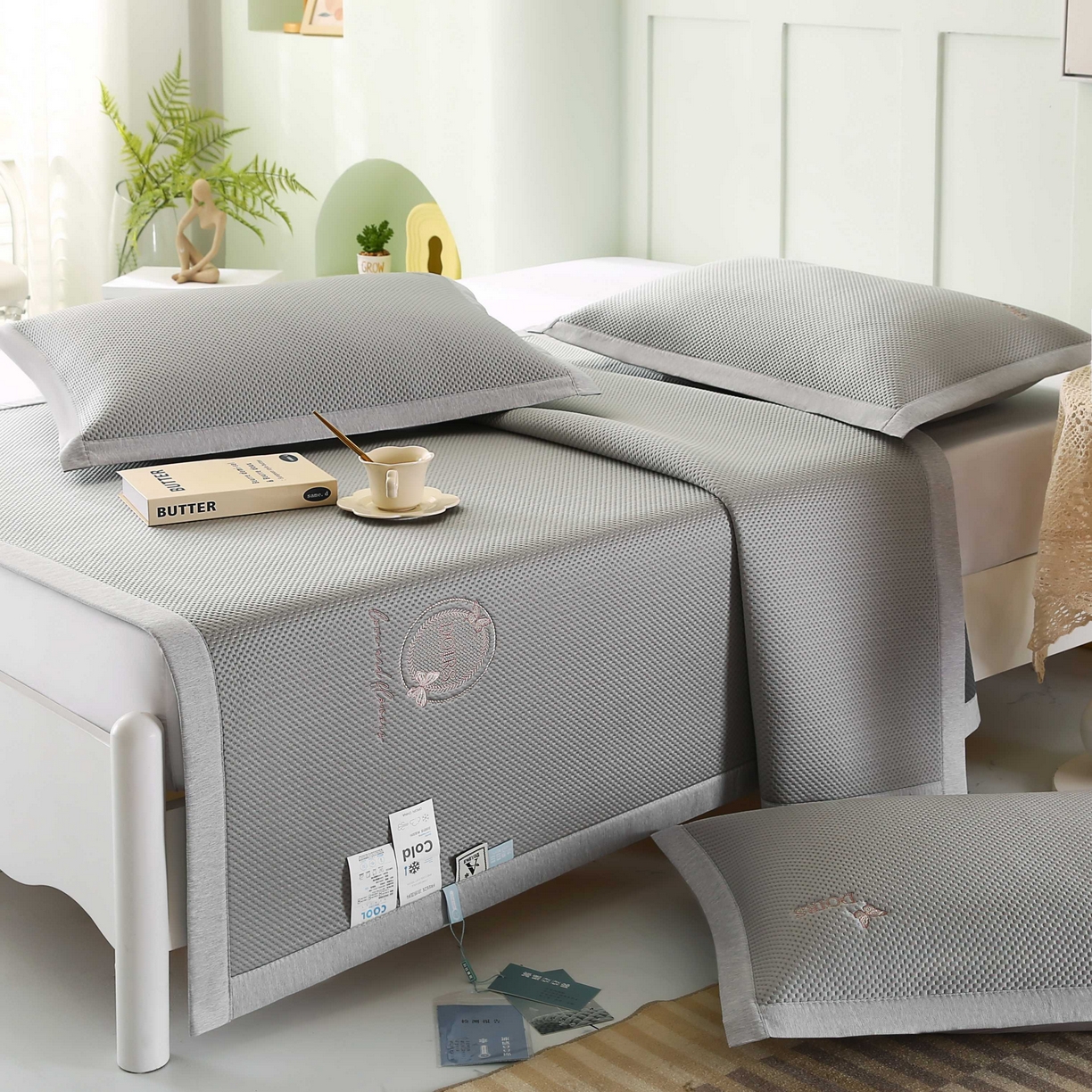 91家纺网 家纺一手货源 找家纺 席匠 2026新款豆豆直角绣花玫瑰款-高分子软席系列 灰色