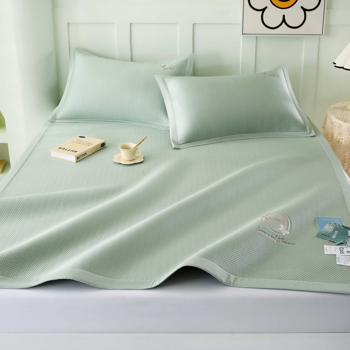 91家纺网 家纺一手货源 找家纺 席匠 2026新款豆豆直角绣花玫瑰款-高分子软席系列 绿色