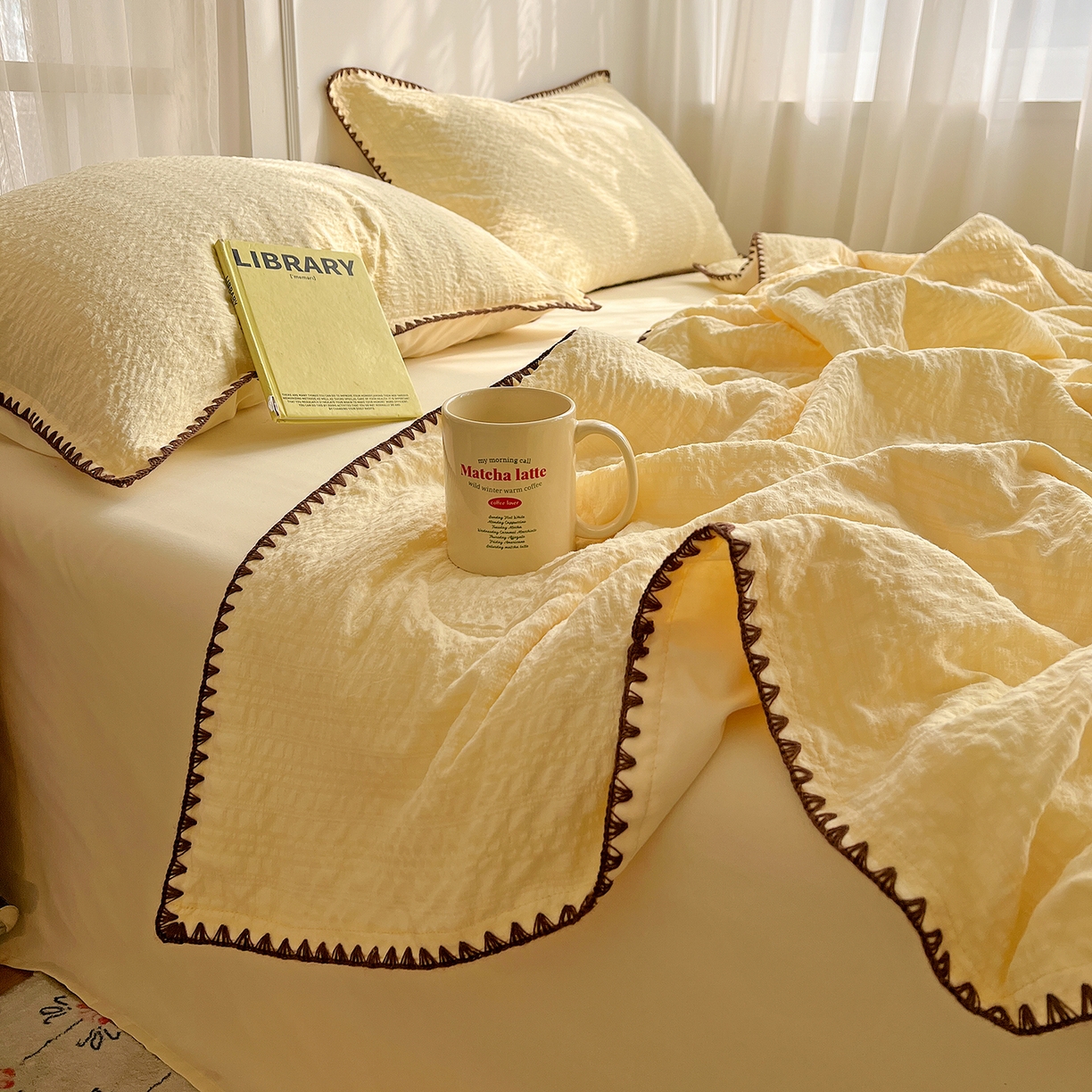 91家纺网 家纺一手货源 找家纺 （总）仟网汇 2026新款贝壳边泡泡纱三角针夏被四件套--纯色系列