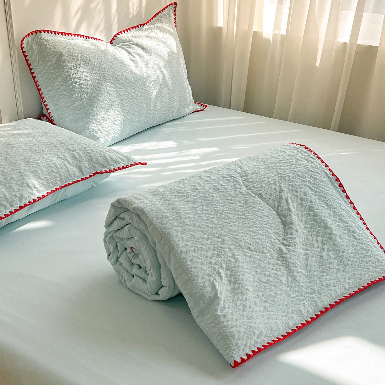 91家纺网 家纺一手货源 找家纺 仟网汇 2026新款贝壳边泡泡纱三角针夏被四件套--纯色系列 薄荷绿