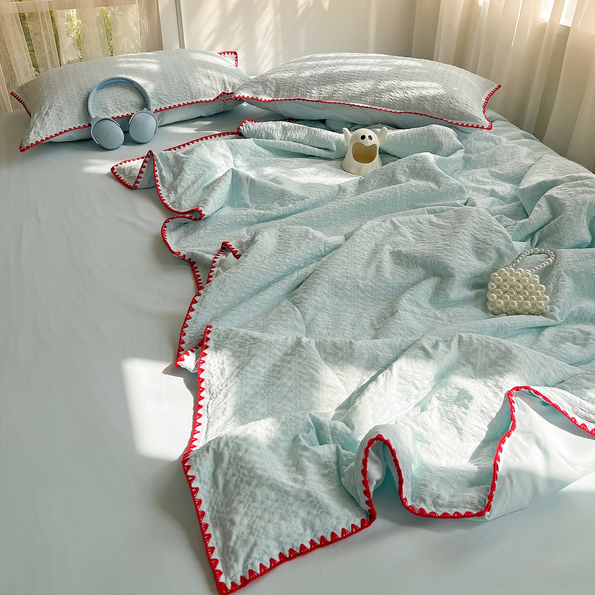 91家纺网 家纺一手货源 找家纺 仟网汇 2026新款贝壳边泡泡纱三角针夏被四件套--纯色系列 薄荷绿