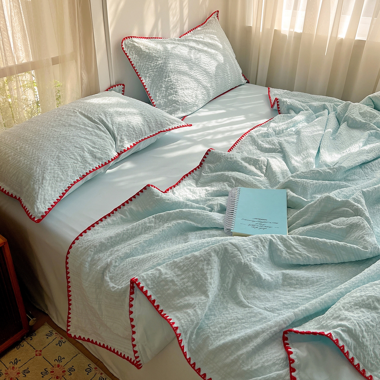 91家纺网 家纺一手货源 找家纺 仟网汇 2026新款贝壳边泡泡纱三角针夏被四件套--纯色系列 薄荷绿