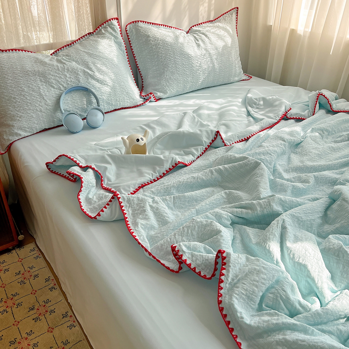 91家纺网 家纺一手货源 找家纺 仟网汇 2026新款贝壳边泡泡纱三角针夏被四件套--纯色系列 薄荷绿