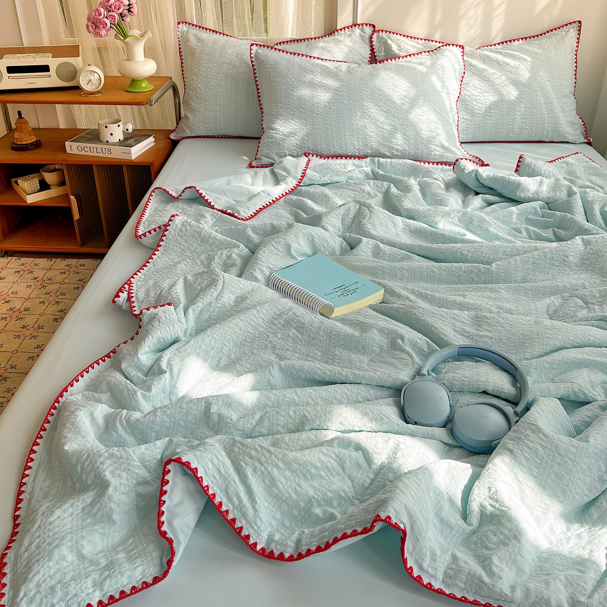 91家纺网 家纺一手货源 找家纺 仟网汇 2026新款贝壳边泡泡纱三角针夏被四件套--纯色系列 薄荷绿