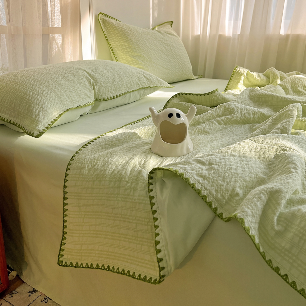 仟网汇 2026新款贝壳边泡泡纱三角针夏被四件套--纯色系列 抹茶绿