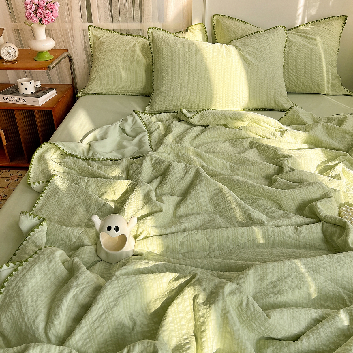 91家纺网 家纺一手货源 找家纺 仟网汇 2026新款贝壳边泡泡纱三角针夏被四件套--纯色系列 抹茶绿