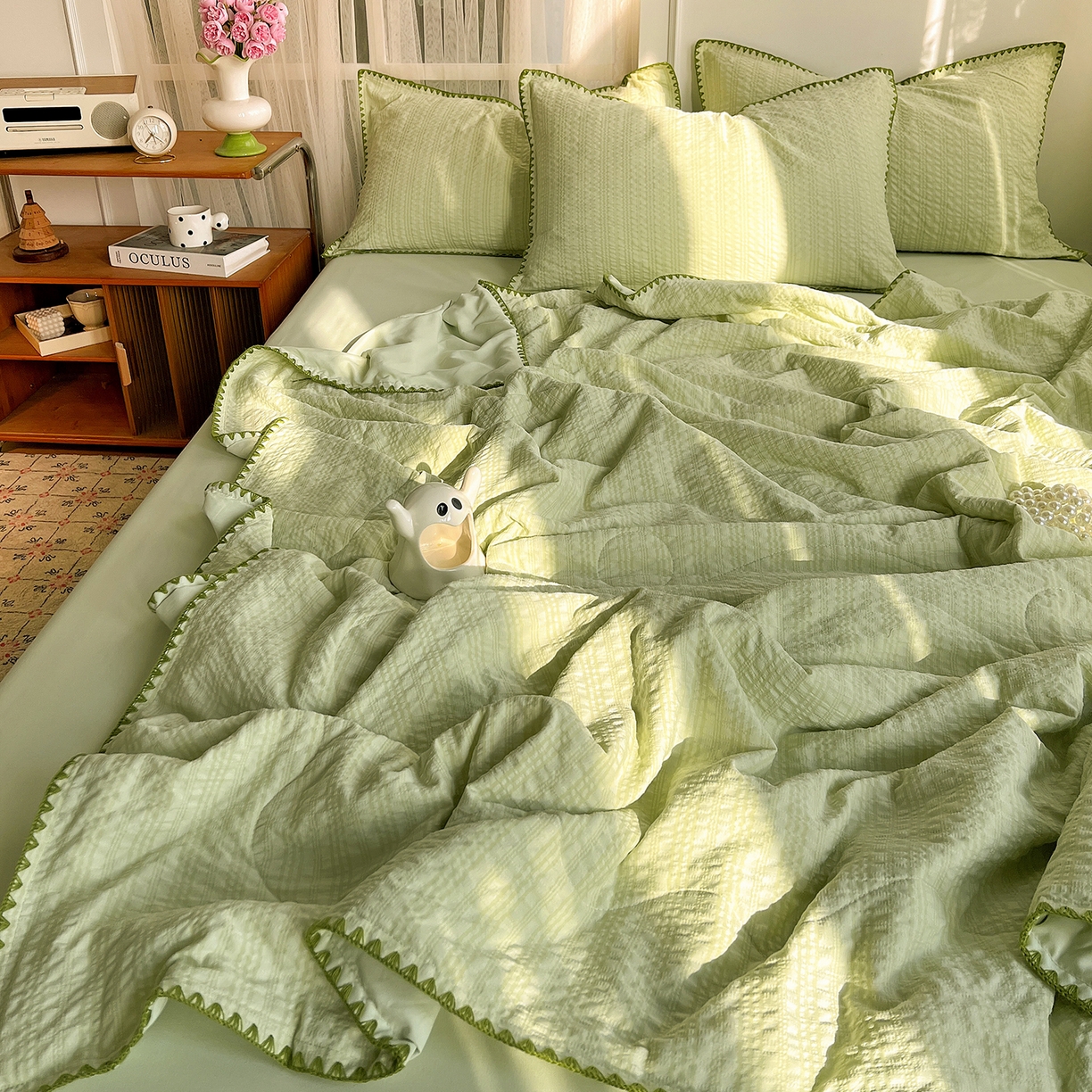 91家纺网 家纺一手货源 找家纺 仟网汇 2026新款贝壳边泡泡纱三角针夏被四件套--纯色系列 抹茶绿