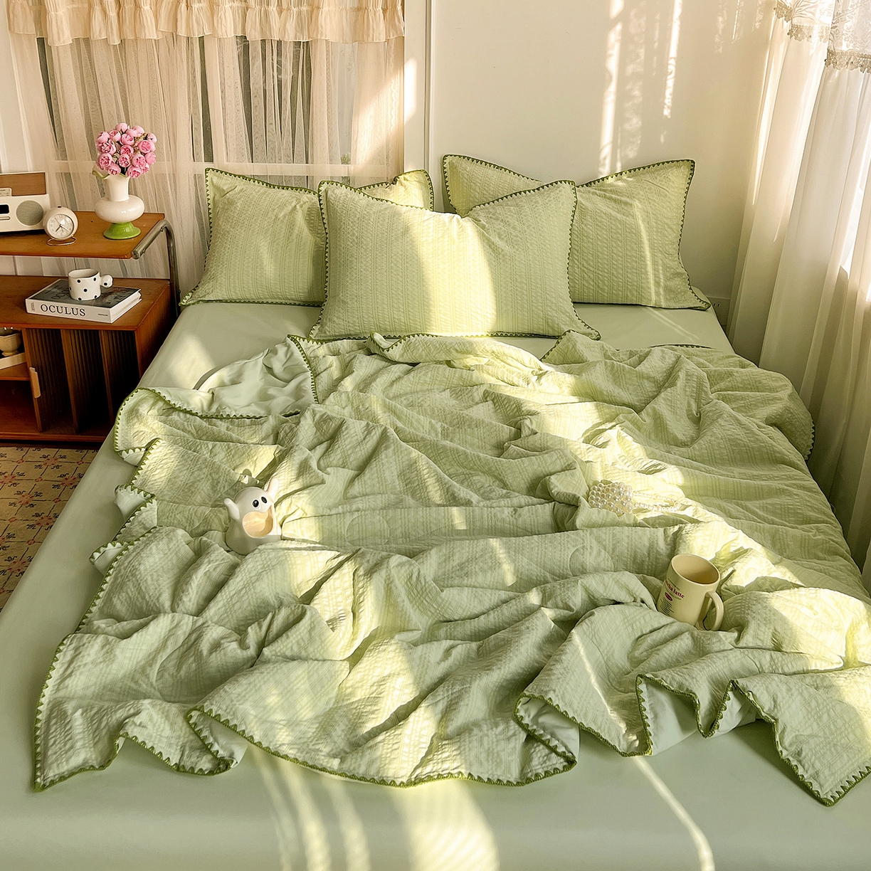 91家纺网 家纺一手货源 找家纺 仟网汇 2026新款贝壳边泡泡纱三角针夏被四件套--纯色系列 抹茶绿