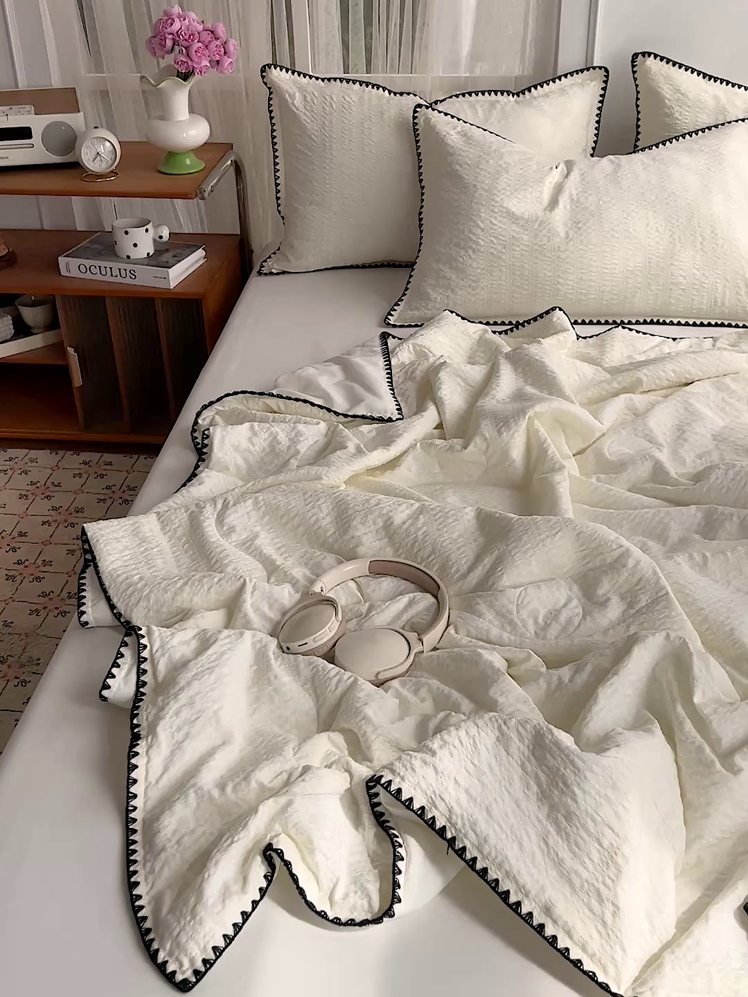 91家纺网 家纺一手货源 找家纺 仟网汇 2026新款贝壳边泡泡纱三角针夏被四件套--纯色系列 杏仁白