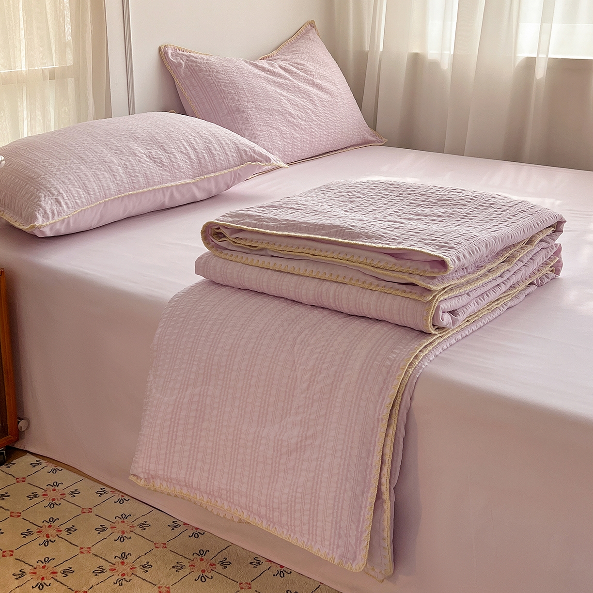 91家纺网 家纺一手货源 找家纺 仟网汇 2026新款贝壳边泡泡纱三角针夏被四件套--纯色系列 芋泥紫