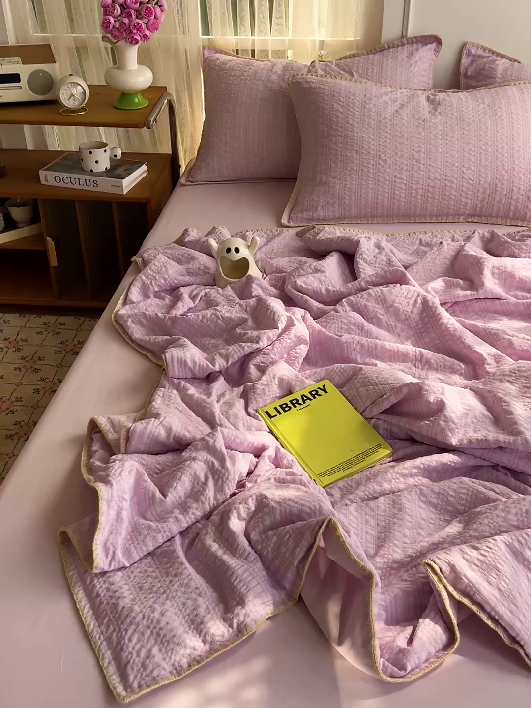 91家纺网 家纺一手货源 找家纺 仟网汇 2026新款贝壳边泡泡纱三角针夏被四件套--纯色系列 芋泥紫