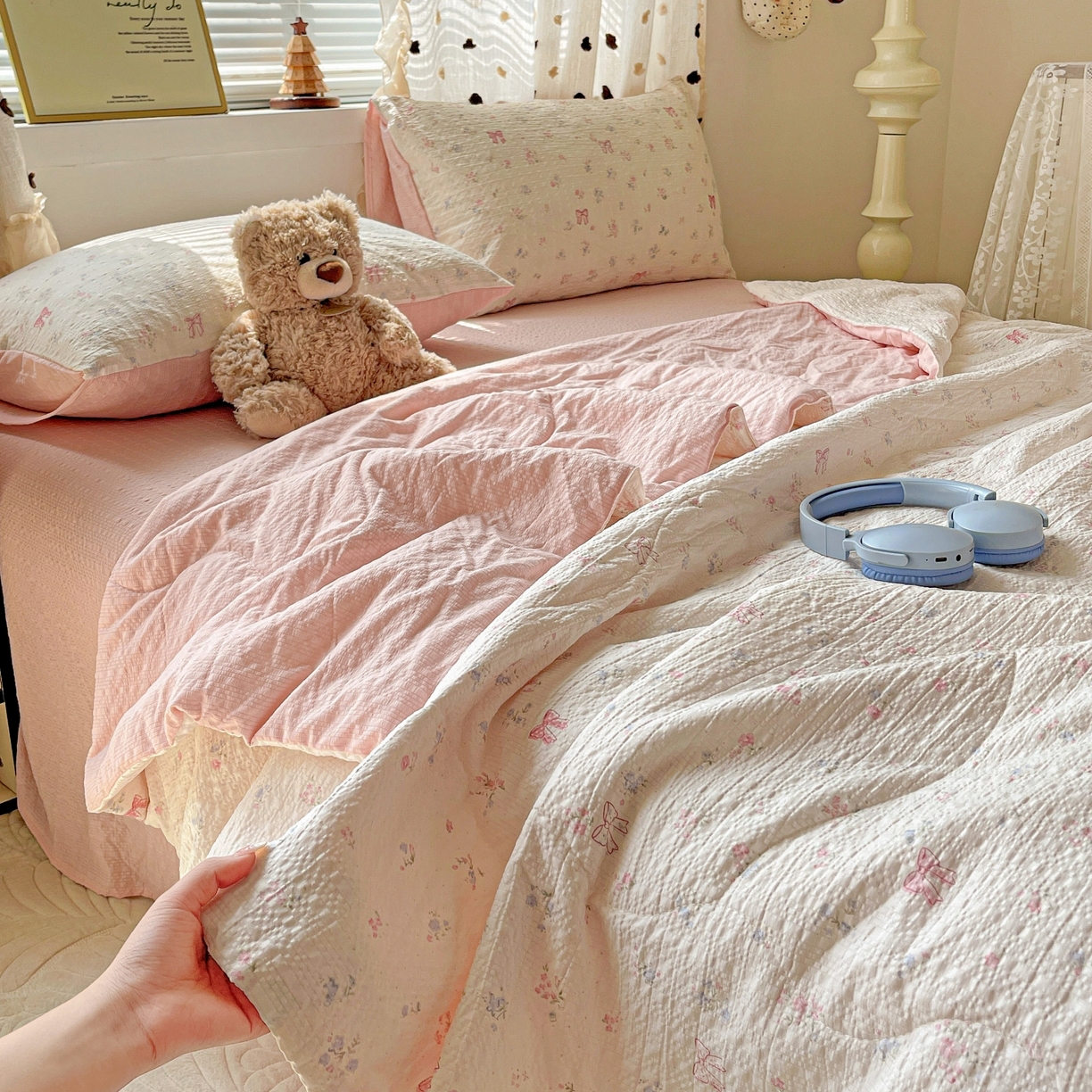 91家纺网 家纺一手货源 找家纺 仟网汇 2026新款泡芙纱简单款夏被四件套 安妮