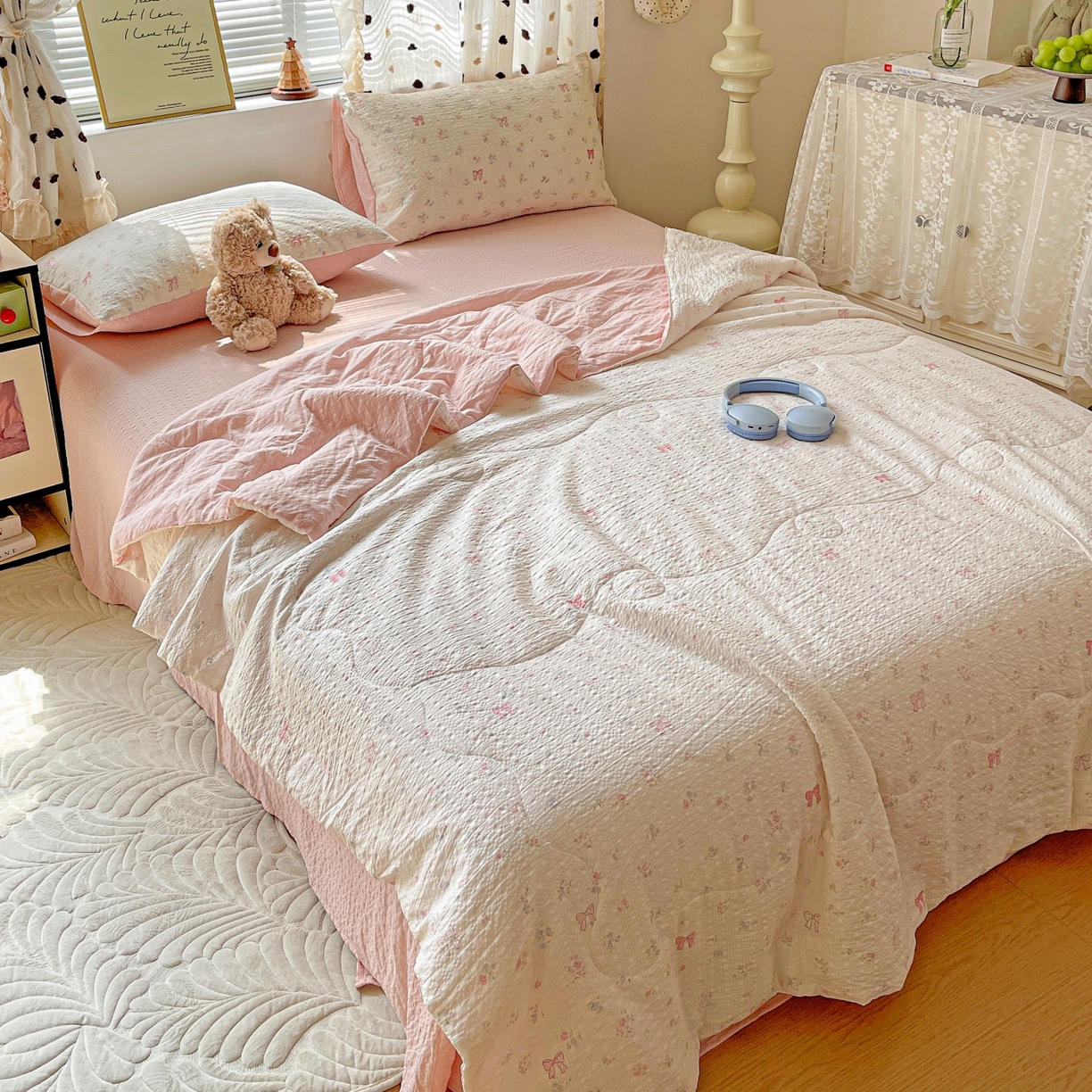 91家纺网 家纺一手货源 找家纺 仟网汇 2026新款泡芙纱简单款夏被四件套 安妮