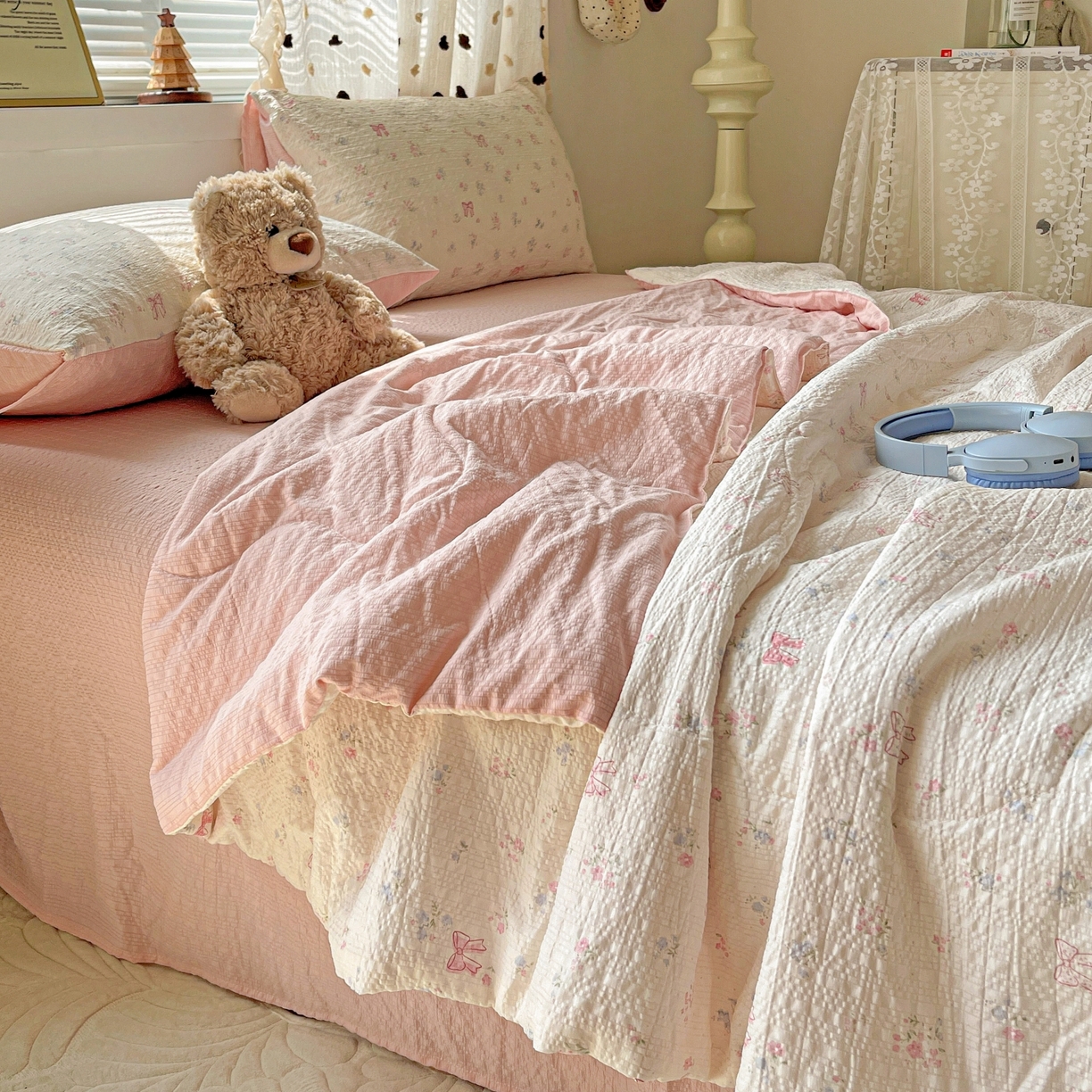 91家纺网 家纺一手货源 找家纺 仟网汇 2026新款泡芙纱简单款夏被四件套 安妮