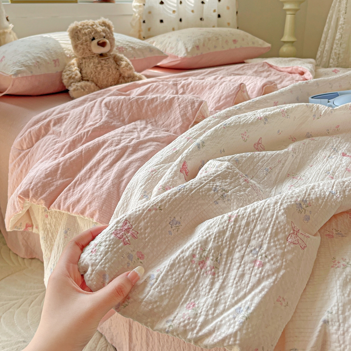 91家纺网 家纺一手货源 找家纺 仟网汇 2026新款泡芙纱简单款夏被四件套 安妮