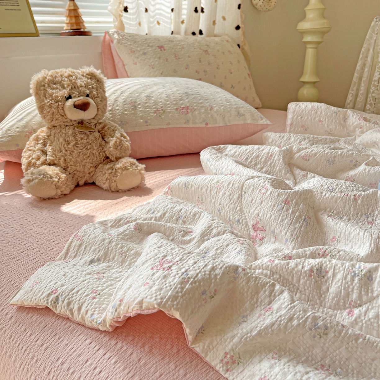 91家纺网 家纺一手货源 找家纺 仟网汇 2026新款泡芙纱简单款夏被四件套 安妮