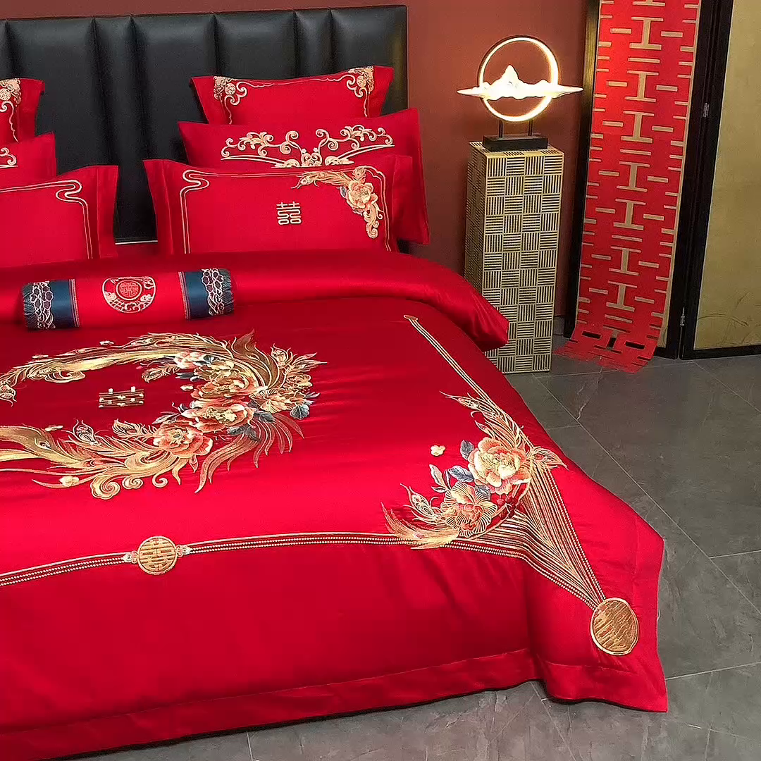91家纺网 家纺一手货源 找家纺 博之洋婚庆 2026新款全棉纯棉长绒棉刺绣婚庆四件套多件套 爱相随