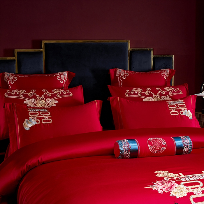 91家纺网 家纺一手货源 找家纺 博之洋婚庆 2026新款全棉纯棉长绒棉刺绣婚庆四件套多件套 百子报喜