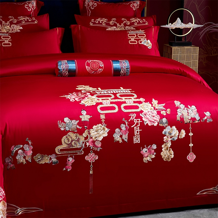 91家纺网 家纺一手货源 找家纺 博之洋婚庆 2026新款全棉纯棉长绒棉刺绣婚庆四件套多件套 百子报喜