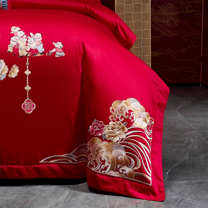 91家纺网 家纺一手货源 找家纺 博之洋婚庆 2026新款全棉纯棉长绒棉刺绣婚庆四件套多件套 百子报喜