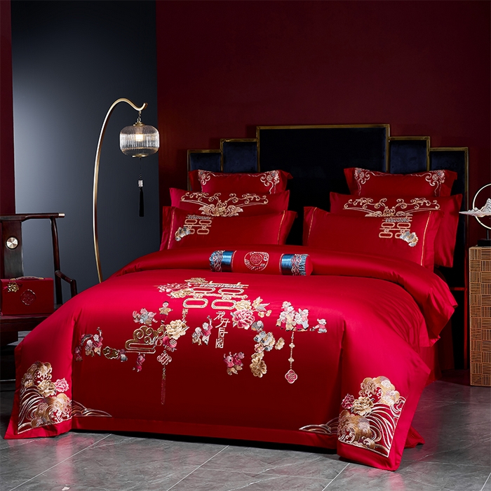 91家纺网 家纺一手货源 找家纺 博之洋婚庆 2026新款全棉纯棉长绒棉刺绣婚庆四件套多件套 百子报喜