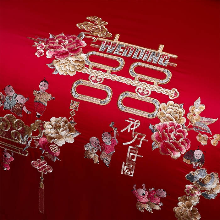 91家纺网 家纺一手货源 找家纺 博之洋婚庆 2026新款全棉纯棉长绒棉刺绣婚庆四件套多件套 百子报喜