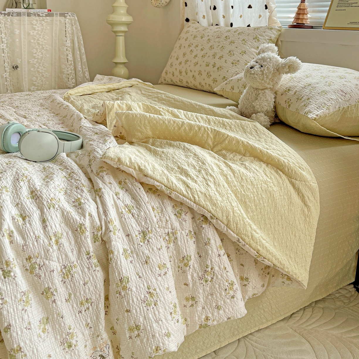 91家纺网 家纺一手货源 找家纺 仟网汇 2026新款泡芙纱简单款夏被四件套 春日小兔