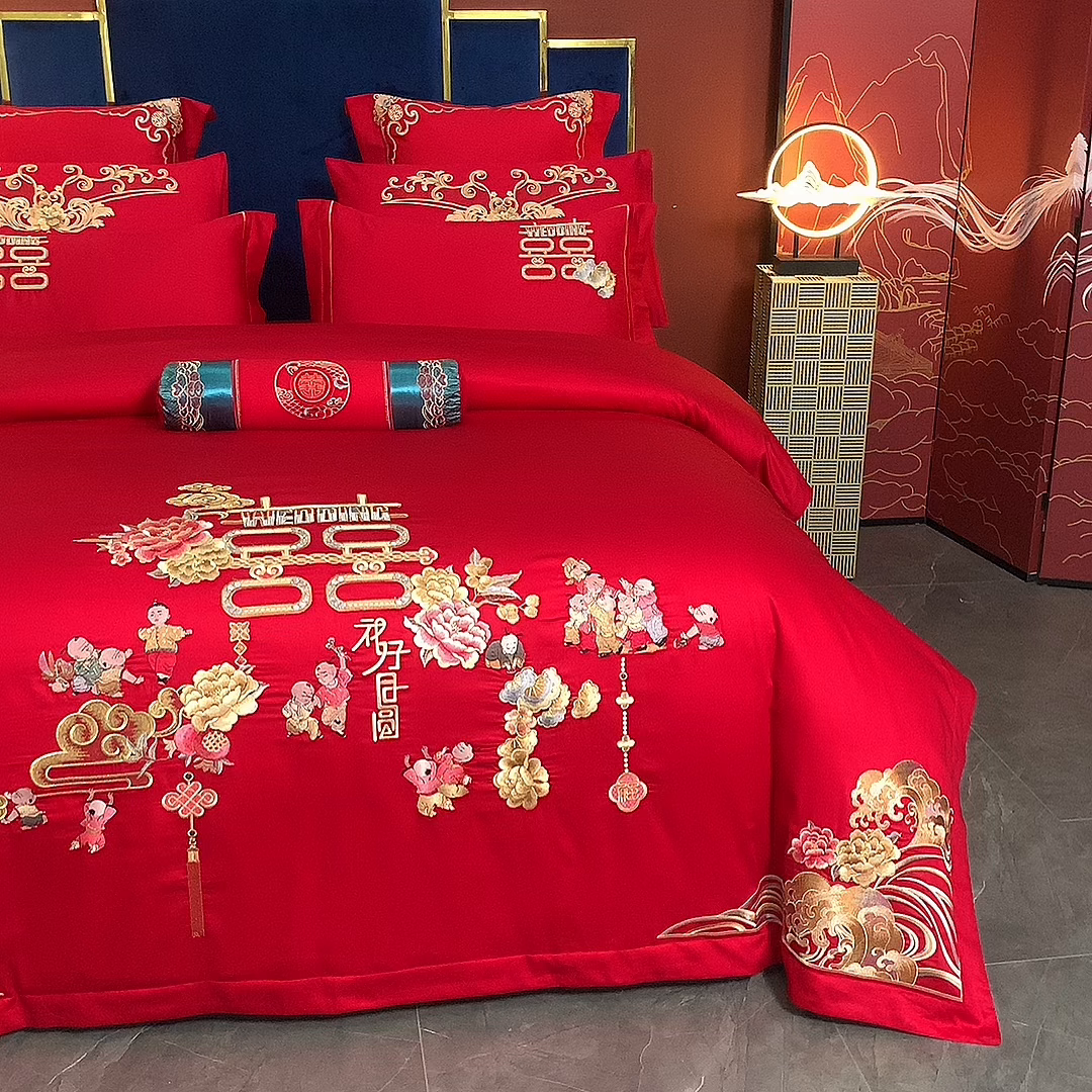 91家纺网 家纺一手货源 找家纺 博之洋婚庆 2026新款全棉纯棉长绒棉刺绣婚庆四件套多件套 百子报喜