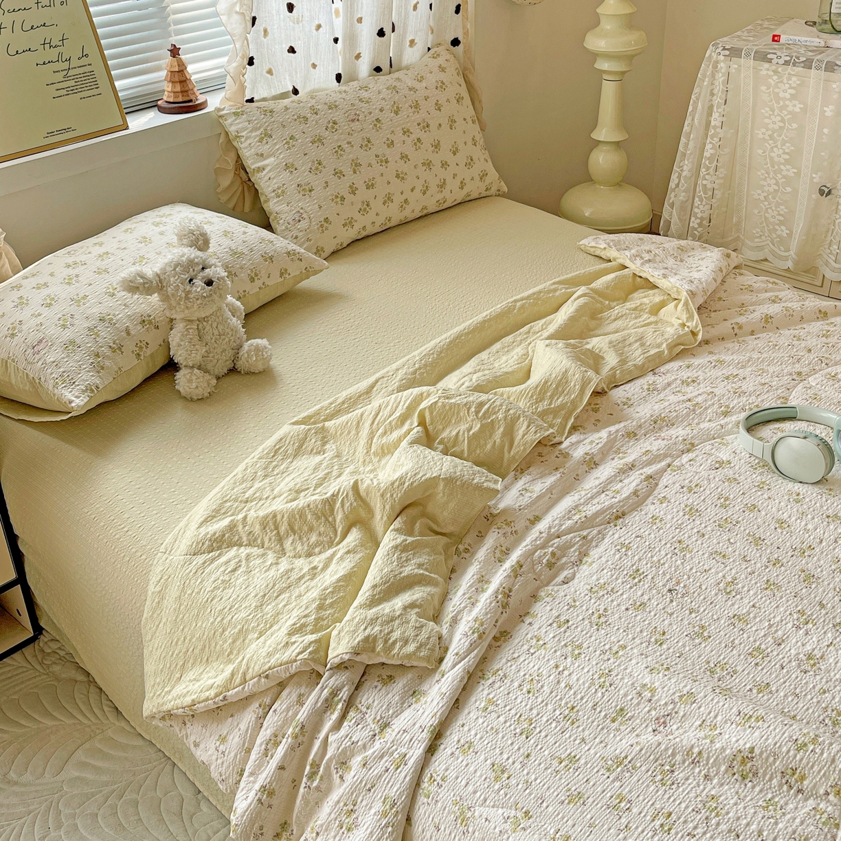 91家纺网 家纺一手货源 找家纺 仟网汇 2026新款泡芙纱简单款夏被四件套 春日小兔