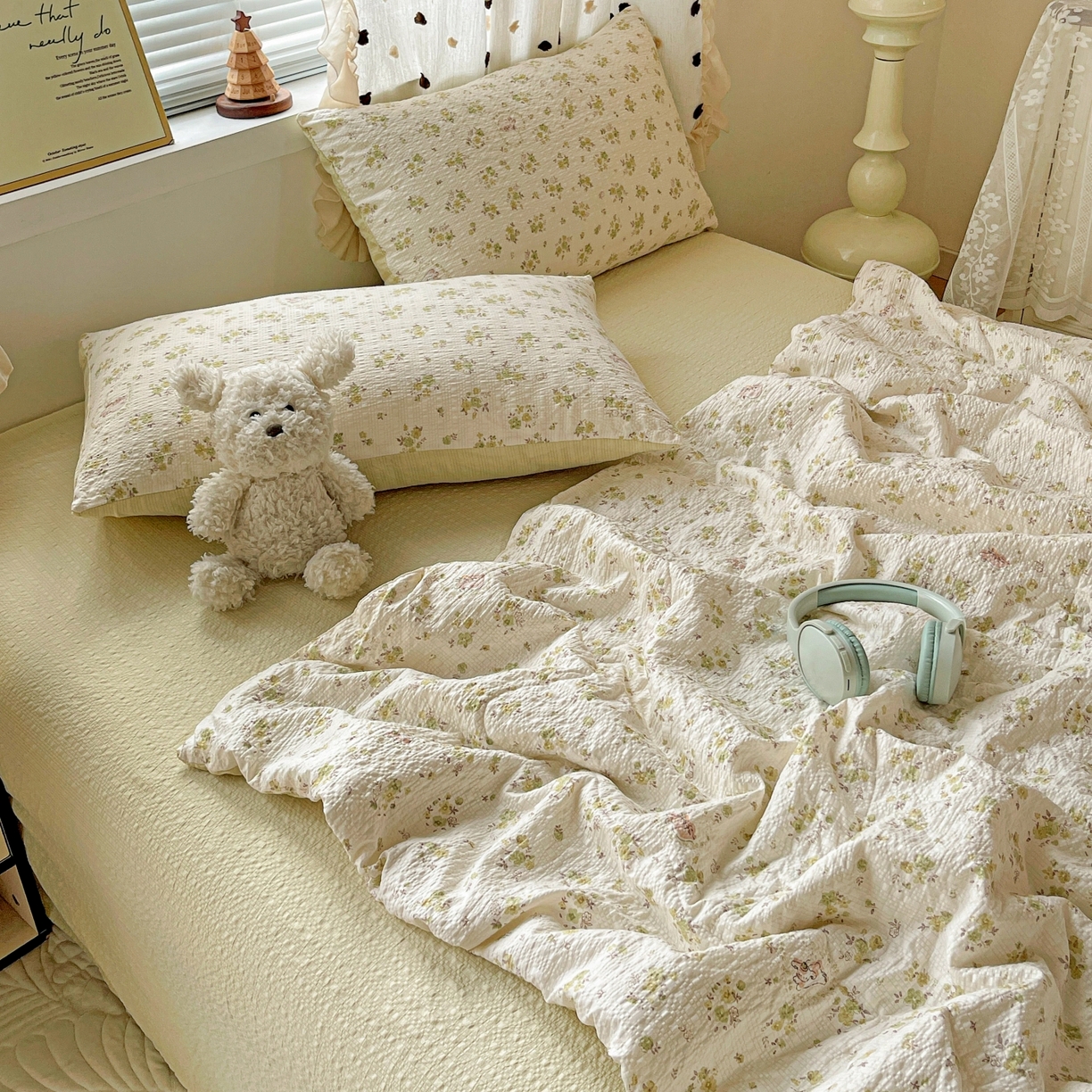 91家纺网 家纺一手货源 找家纺 仟网汇 2026新款泡芙纱简单款夏被四件套 春日小兔