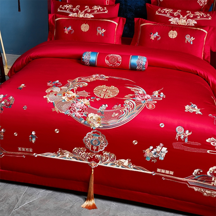 91家纺网 家纺一手货源 找家纺 博之洋婚庆 2026新款全棉纯棉长绒棉刺绣婚庆四件套多件套 百子佳缘