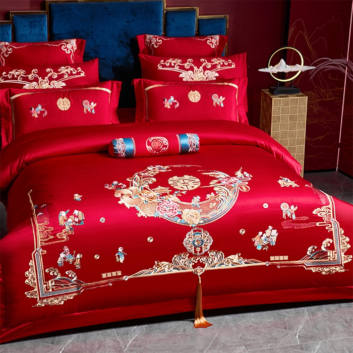 91家纺网 家纺一手货源 找家纺 博之洋婚庆 2026新款全棉纯棉长绒棉刺绣婚庆四件套多件套 百子佳缘