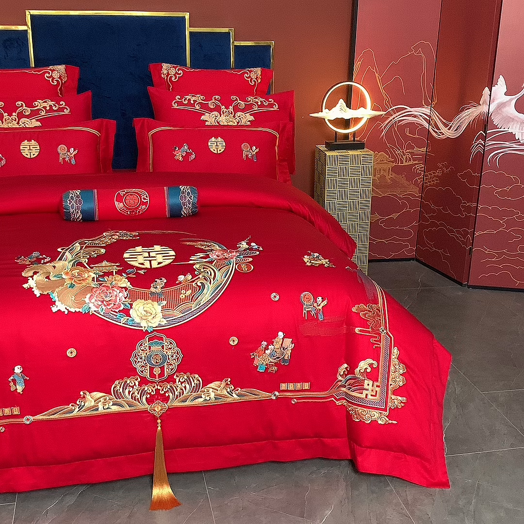 91家纺网 家纺一手货源 找家纺 博之洋婚庆 2026新款全棉纯棉长绒棉刺绣婚庆四件套多件套 百子佳缘