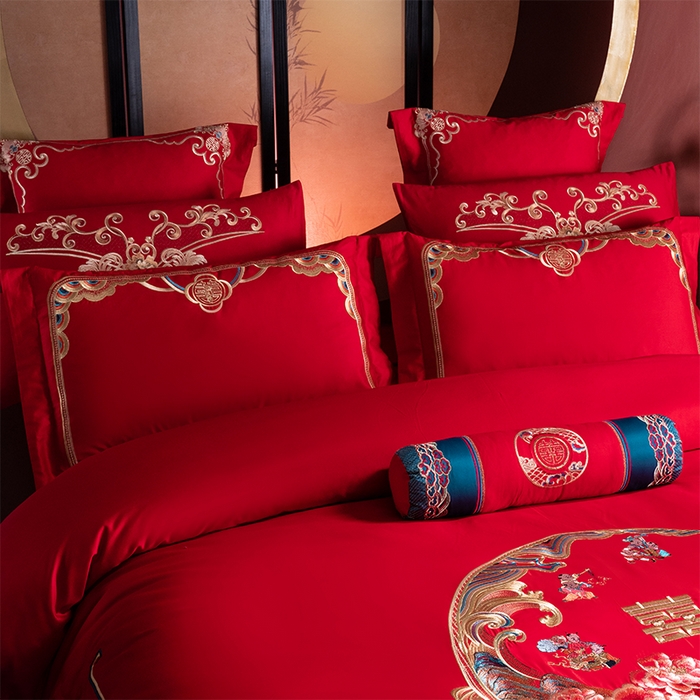 91家纺网 家纺一手货源 找家纺 博之洋婚庆 2026新款全棉纯棉长绒棉刺绣婚庆四件套多件套 百子迎福