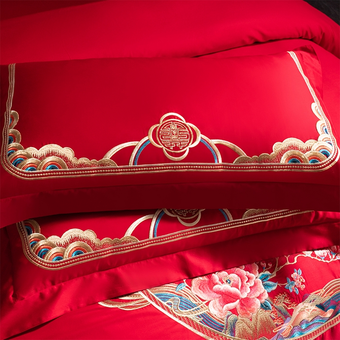 91家纺网 家纺一手货源 找家纺 博之洋婚庆 2026新款全棉纯棉长绒棉刺绣婚庆四件套多件套 百子迎福