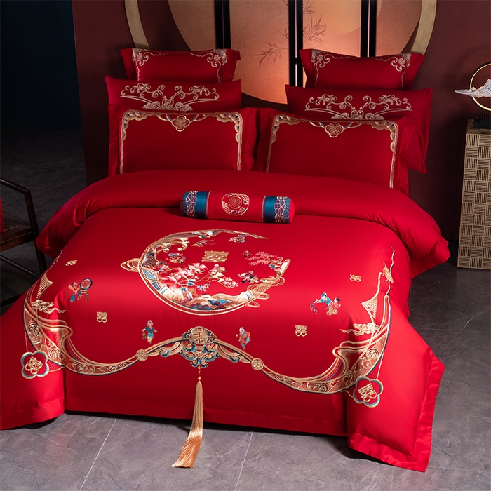 91家纺网 家纺一手货源 找家纺 博之洋婚庆 2026新款全棉纯棉长绒棉刺绣婚庆四件套多件套 百子迎福