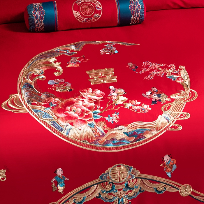 91家纺网 家纺一手货源 找家纺 博之洋婚庆 2026新款全棉纯棉长绒棉刺绣婚庆四件套多件套 百子迎福