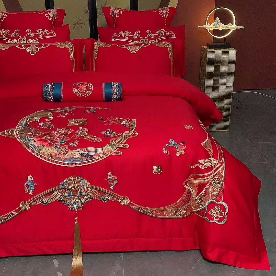 91家纺网 家纺一手货源 找家纺 博之洋婚庆 2026新款全棉纯棉长绒棉刺绣婚庆四件套多件套 百子迎福