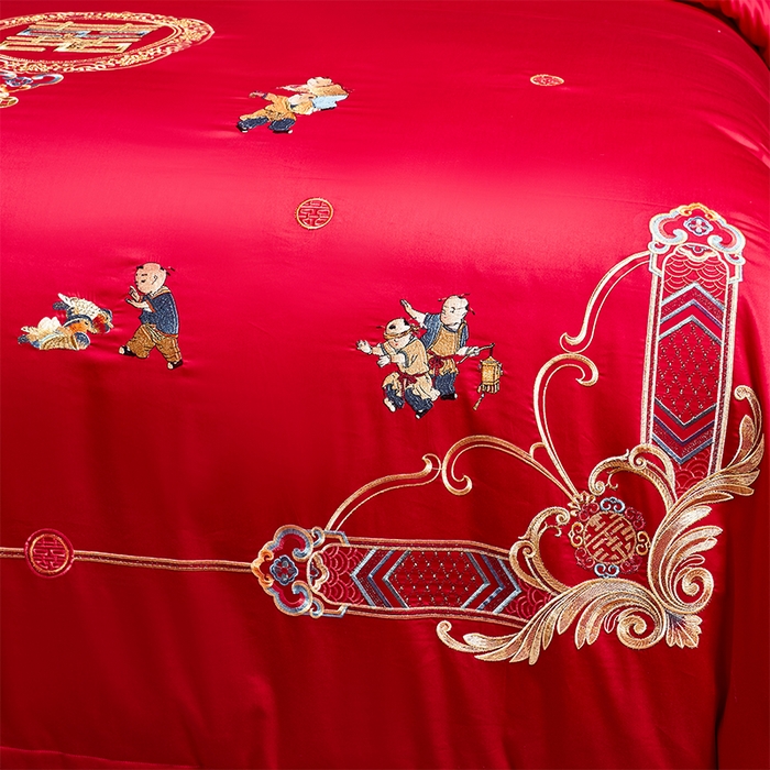 91家纺网 家纺一手货源 找家纺 博之洋婚庆 2026新款全棉纯棉长绒棉刺绣婚庆四件套多件套 百子迎亲