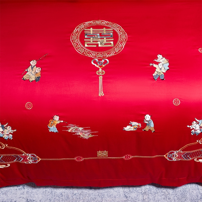 91家纺网 家纺一手货源 找家纺 博之洋婚庆 2026新款全棉纯棉长绒棉刺绣婚庆四件套多件套 百子迎亲