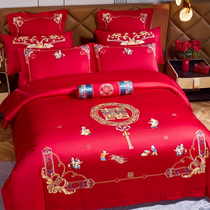 91家纺网 家纺一手货源 找家纺 博之洋婚庆 2026新款全棉纯棉长绒棉刺绣婚庆四件套多件套 百子迎亲