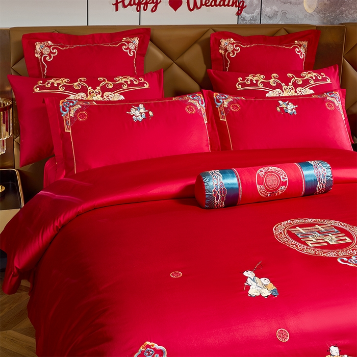 91家纺网 家纺一手货源 找家纺 博之洋婚庆 2026新款全棉纯棉长绒棉刺绣婚庆四件套多件套 百子迎亲