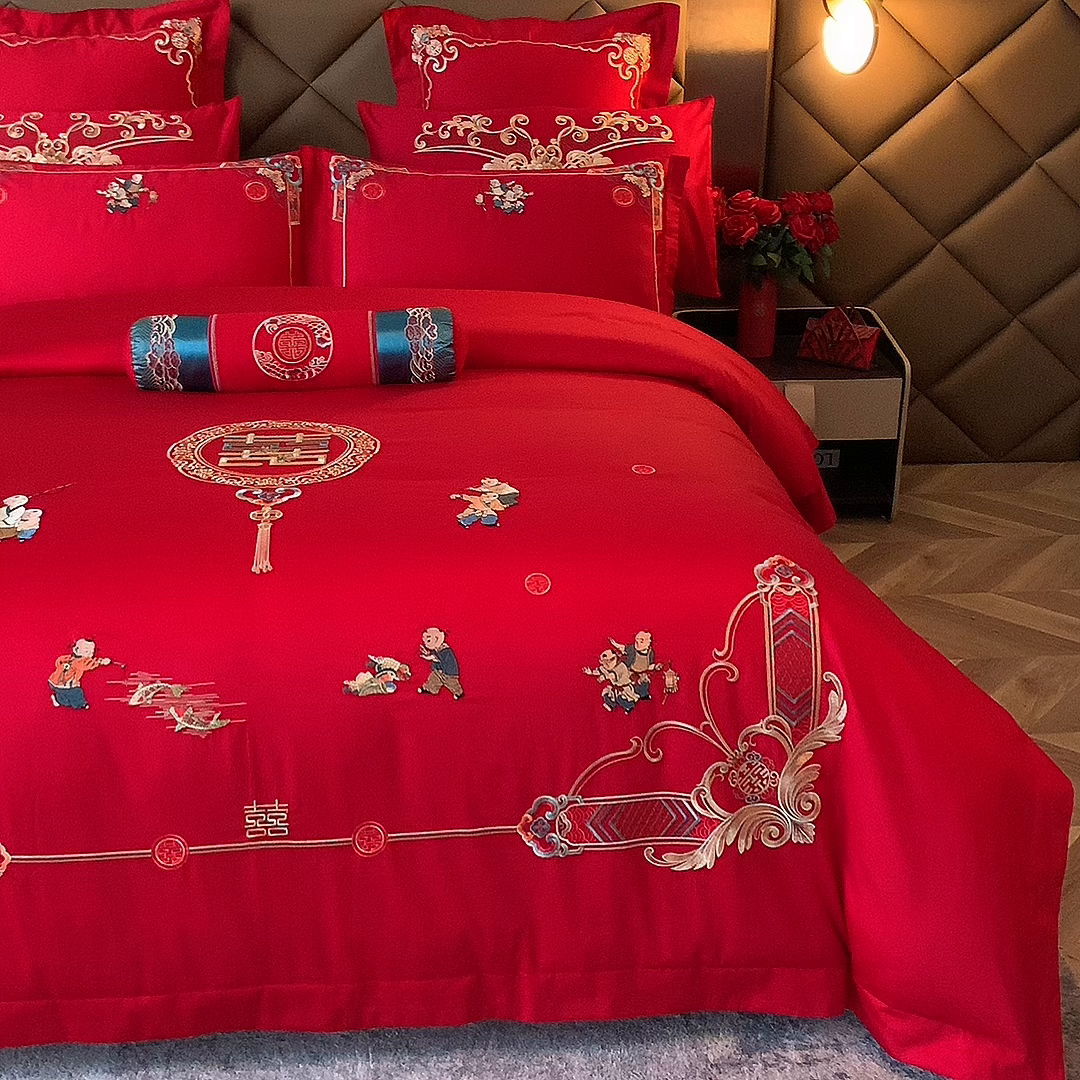 91家纺网 家纺一手货源 找家纺 博之洋婚庆 2026新款全棉纯棉长绒棉刺绣婚庆四件套多件套 百子迎亲
