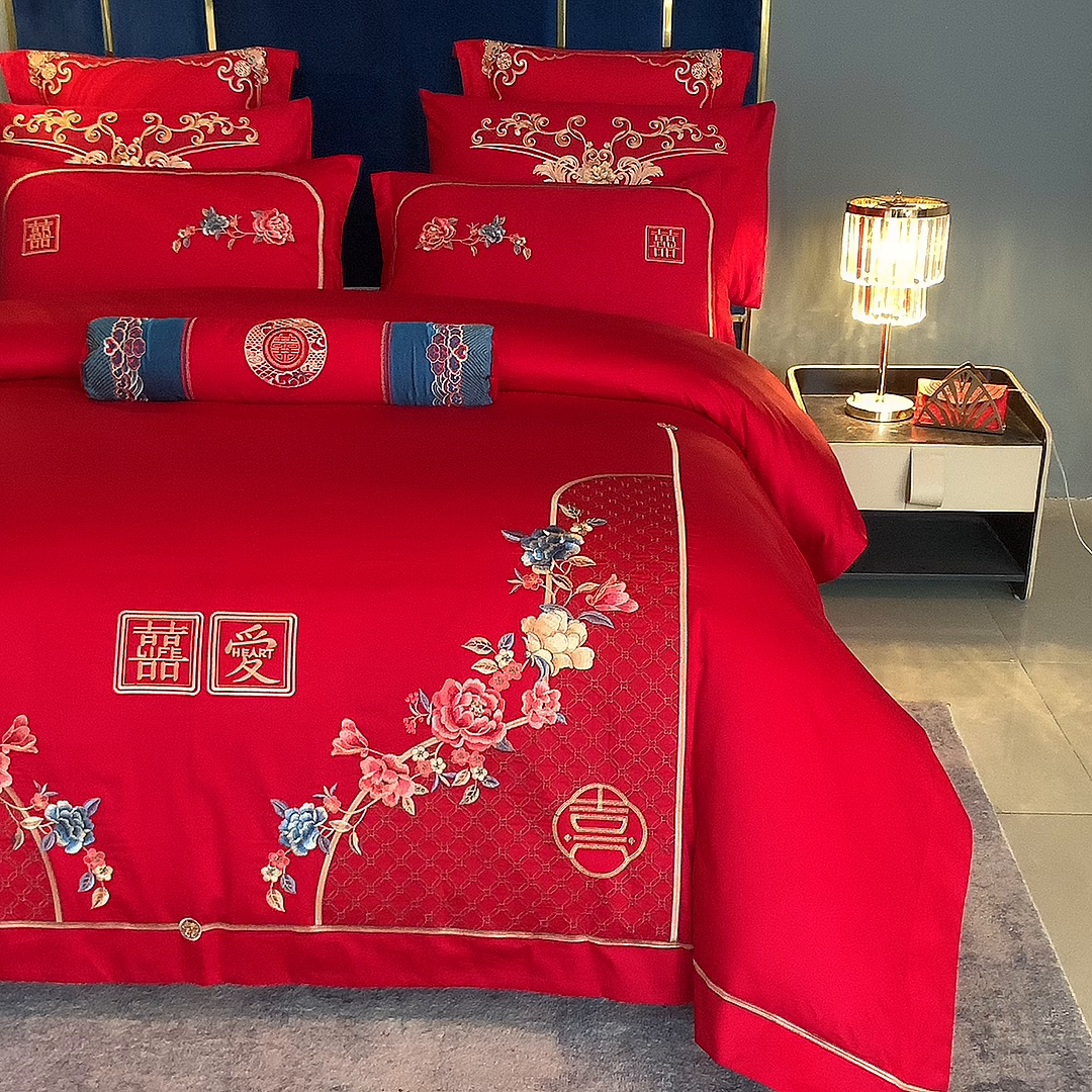 91家纺网 家纺一手货源 找家纺 博之洋婚庆 2026新款全棉纯棉长绒棉刺绣婚庆四件套多件套 宠爱