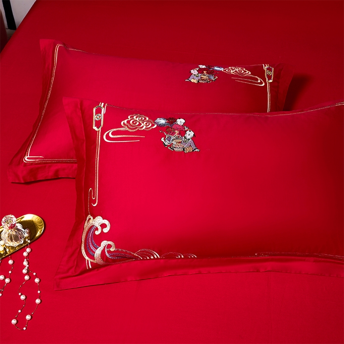 91家纺网 家纺一手货源 找家纺 博之洋婚庆 2026新款全棉纯棉长绒棉刺绣婚庆四件套多件套 多子多福